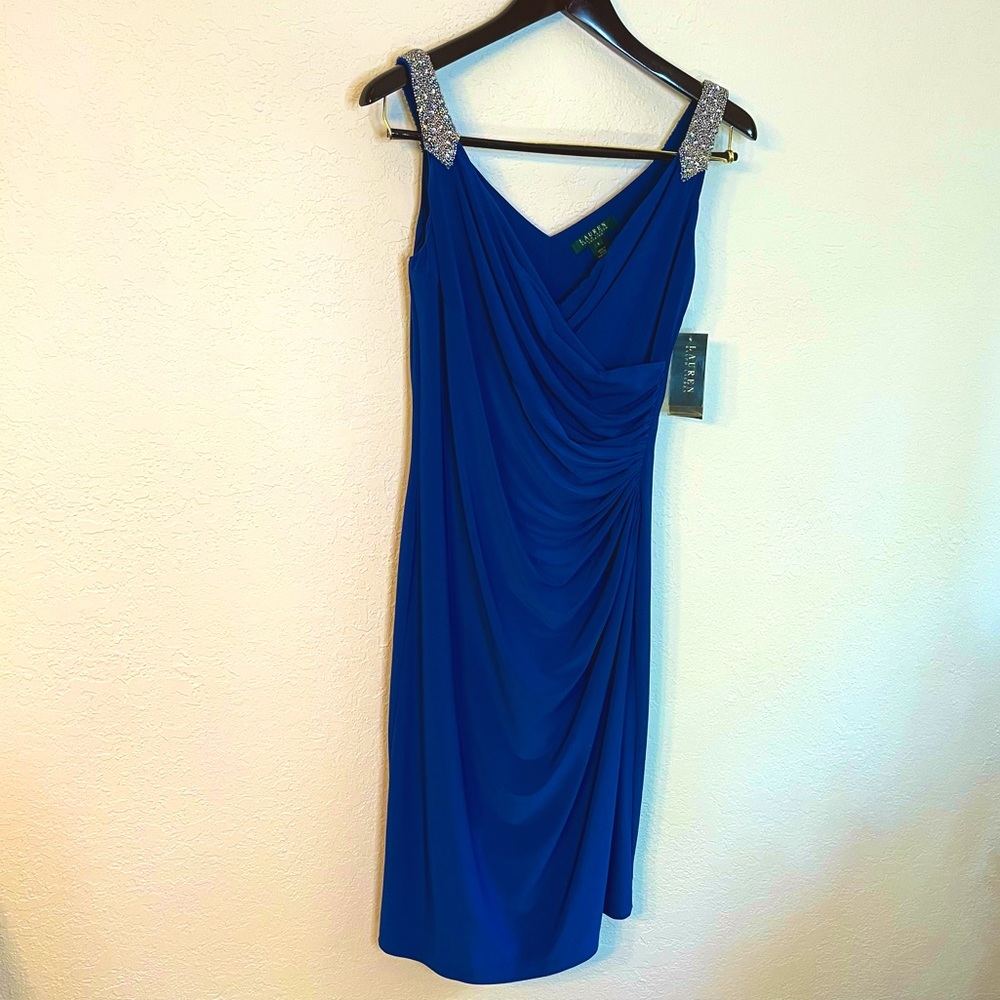 Ralph Lauren - Blue Cocktail Dress, NWT, Silver Beading on Strap, Size 8